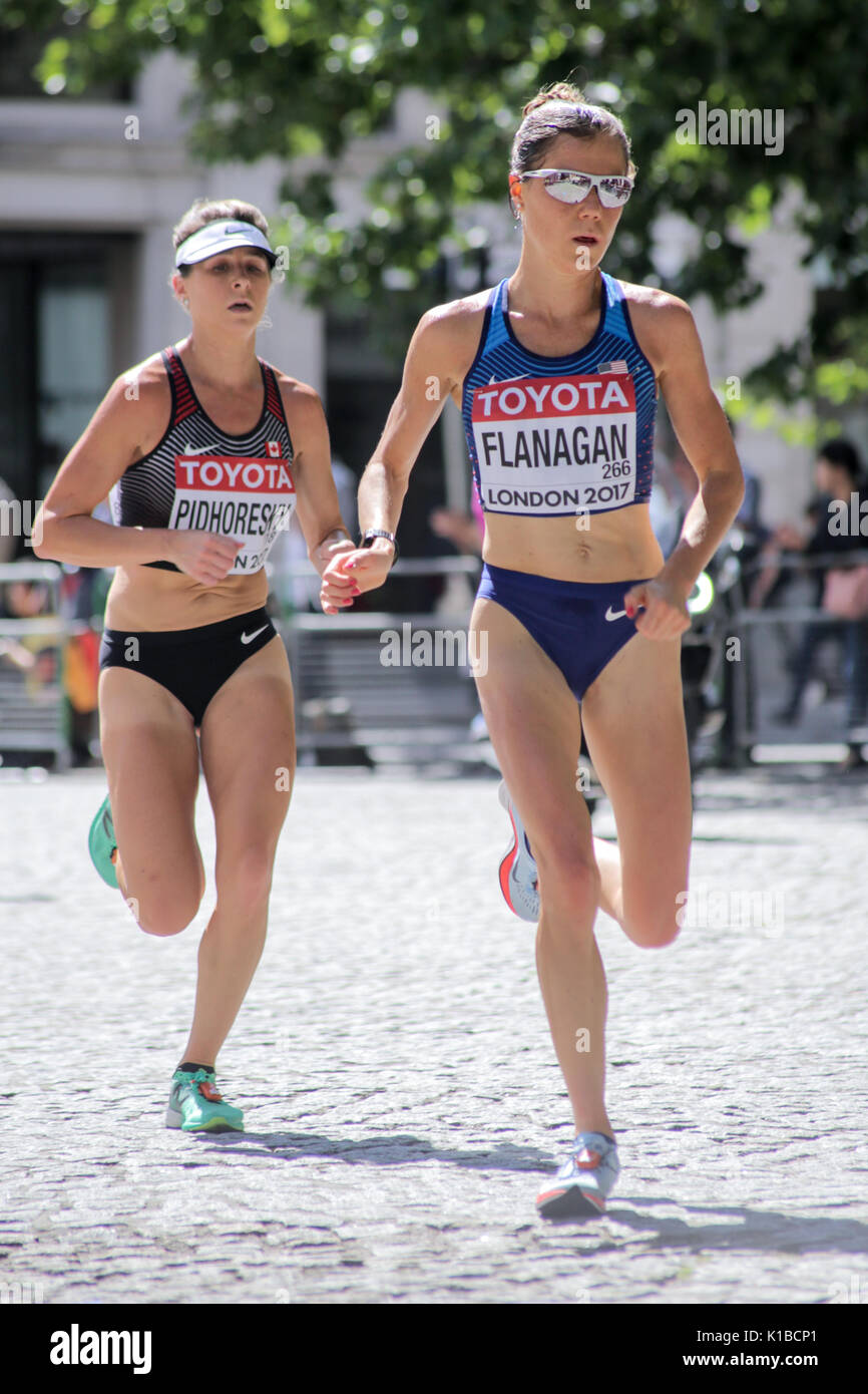 6 Aug '17 London:`American and Canadian athletes Lindsay Flanagan and Dayna Pidhoresky competes in 2017 World Athletics Championship women's marathon Stock Photo